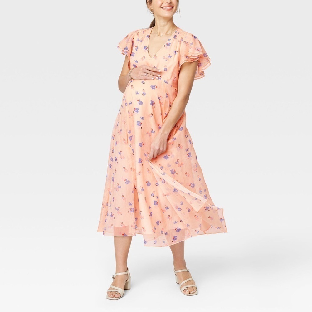 The Nines by Hatch Pink Floral Flutter Sleeve Midi Maternity Dress NWT